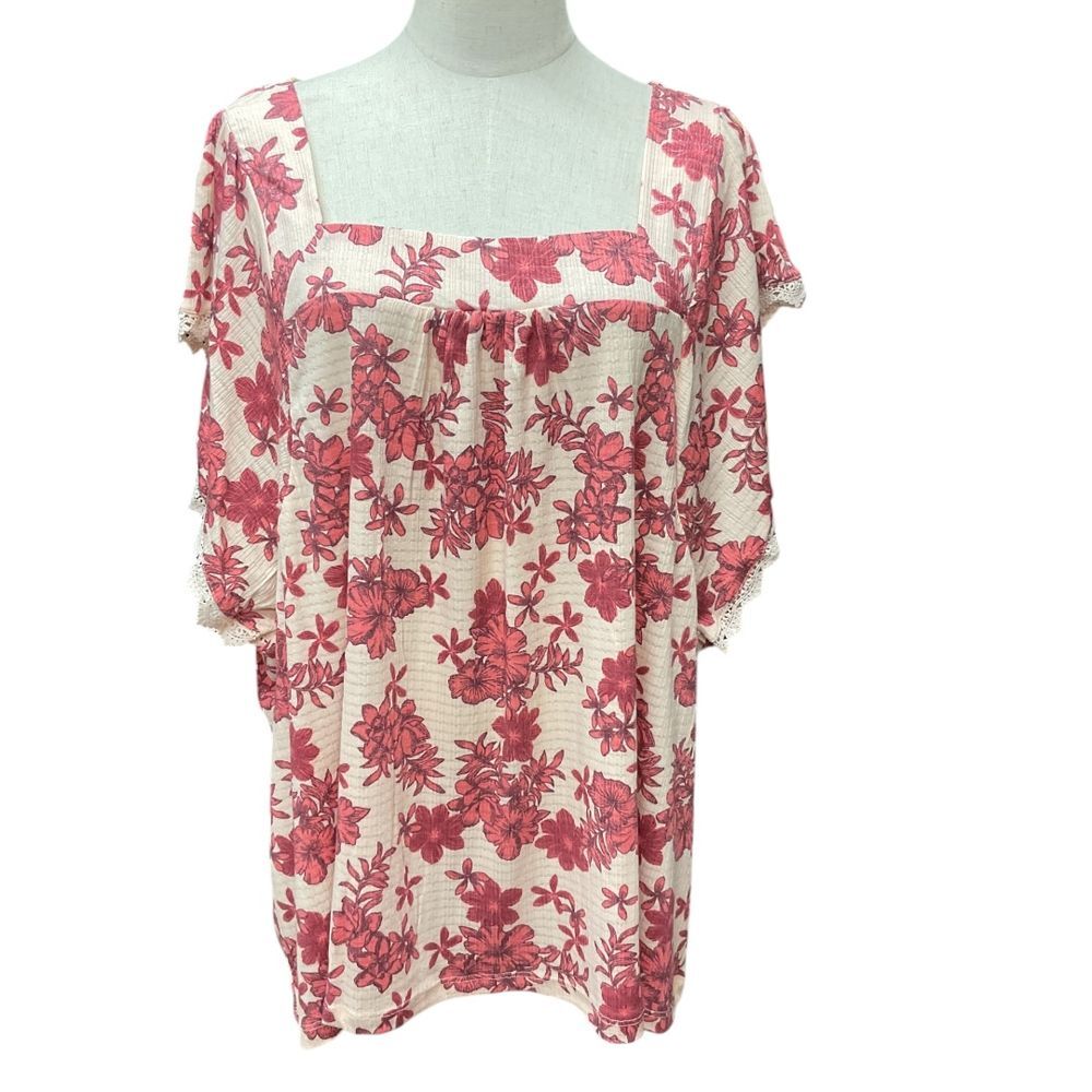 Como Blu Women's Plus Size 3X Floral Flutter Square Neck Top Blouse Lace Trim